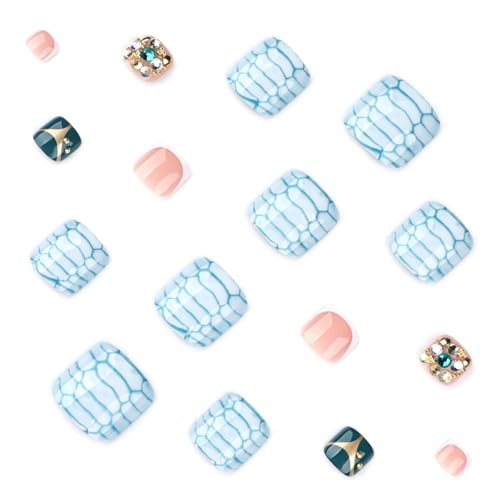 Image of Marble Press on Toenails Short Square Fake Toe Nails with Rhinestone Design Glossy Full Cover White French Tip Stick on Toenails for Women 24Pcs
