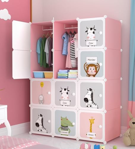 Image of Plastic Wardrobe for Kids Clothes - Durable, Easy to Use Anti-Skid & Non-Slip Effective Professional Collapsible Wardrobe, Plastic Cupboard for Kids, Foldable Almirah (Pink KTE1, 12 Door)