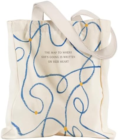 Aesthetic Heavy Canvas Tote Bag with Pocket for Women, Cloth Gusseted Totes Bag with Pattern for Shopping