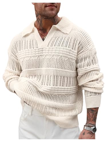 Men's Cable Knit Sweater Crochet Collar V Neck Sweaters Long Sleeve Chunky Pullover Sweaters
