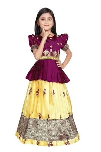 Image of New south Indian traditional pattu pavadai Jecquard Lehenga choli for girls dress