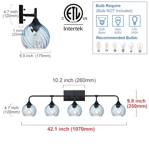 Image of MELUCEE 5-Light Bathroom Light Fixtures 42 Inches, Matte Black Vanity Lights with Blue Striped Swirl Glass Shade, Mid-Century Modern Bathroom Vanity Light Over Mirror