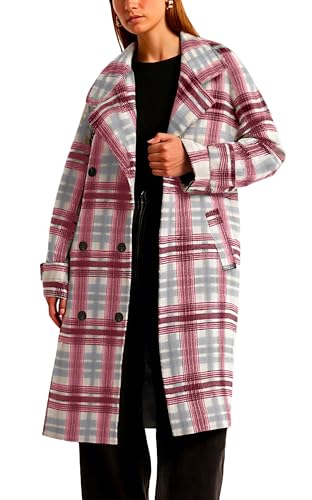Image of CHARTOU Women Long Wool Plaid Pea Coat Double Breast Midi Long Trench Peacoat Overcoat with Belt (Large,Red)
