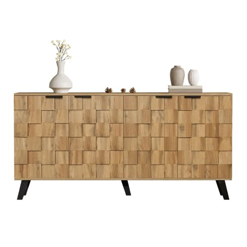 dowowdo Aparador moderno, buffet con 4 puertas y estantes regulables: amplio armario de almacenamiento, cómoda con diseño geométrico para salón, 160,5 x 35,5 x 78 cm (natural)