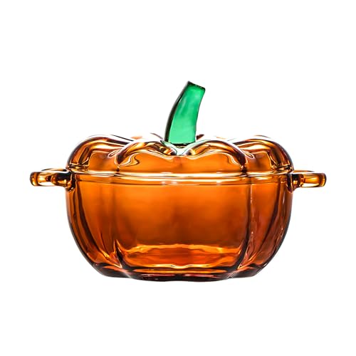 binsakao Glass Bowl with Lid 16.7 oz Microwave & Dishwasher Safe Soup Bowl with Handle Pumpkin Decor Storage Jar for Home Thanksgiving Halloween Party Pumpkin Dish