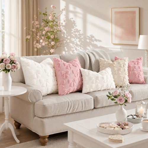 Image of decorUhome Beige Bow Pillow Covers Set of 2 Coquette Aesthetic Cute Preppy Plush Faux Pillowcases for Girly Bedroom or Couch 16x16 Inch