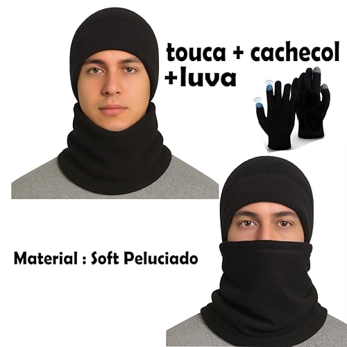 Conjunto de Inverno 3 Peças, Gorro, Luvas e Cachecol em micro Soft, Preto