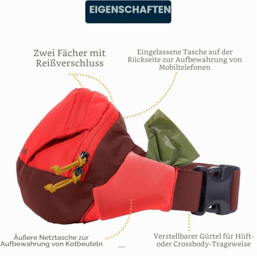 RUFFWEAR Verstellbare Umhängetasche & Gürteltasche für Hundespaziergang, Umhängetasche oder Hüfttasche mit Reißverschlusstaschen, Hundeleckerli-Tasche & Hundekotbeutel-Tragetasche, Rot Sumac