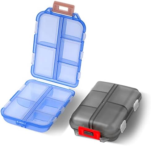 WLLHYF 2PCS Travel Pill Organizer Small Daily Pill Case Pill Moisture Proof Container Holder 10 Compartments Medicine Box Vitamin Container for Different Medicines (Black+Blue)