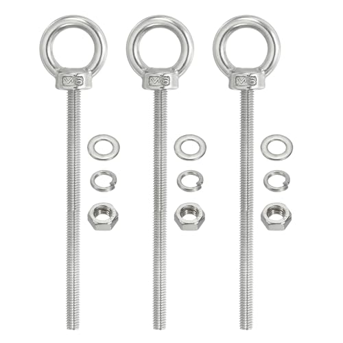 Image of PATIKIL M6 x 120mm Lifting Shoulder Eye Bolt, 3Pcs 304 Stainless Steel Lifting Ring Threaded Eyebolt with Nuts Washers for Hanging Hammocks Articles
