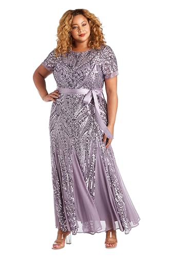 Image of R&M Richards Women's Sequin Evening Gown with Panel Godet Skirt, Ribbon Sash & Short Sleeve for Mother of the Bride, Party