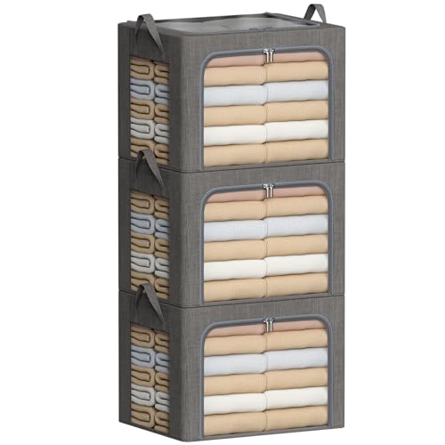 Image of Clothes Storage Bins with Metal Frame 3 Pack Foldable Storage Organizer Bin for Clothes Linen Fabric Storage Box with Lid Clear Window (Dark Grey, 15.7x11.8x11.8inch(36L))