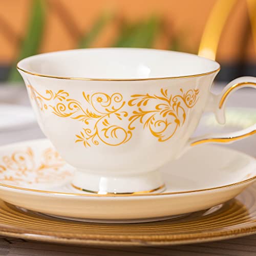 Daveinmic Porcelain Tea Cup And Saucer Set,Floral Tea Coffee Set For One,Include One Golden Spoon(Vines) #TOP3