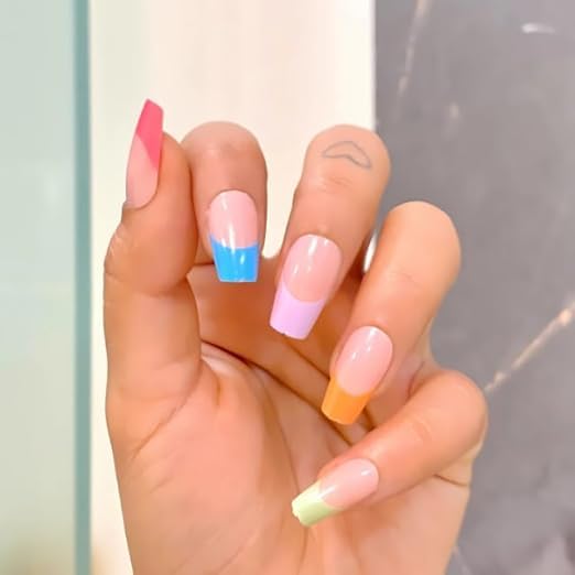 Image of 24 Pcs Reusable Artificial Nails Fake Nails with Glue and Kit|Candy Chick French Pastel French Tip Press On Nails | ABS Material UV Protected Long Lasting Finish | Reusable Customizable Nail Kit |Medium Square Nails