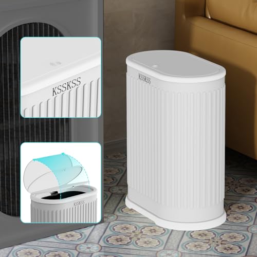 Image of KSSKSS 1.8 Gallons Small White Bathroom Trash Can with Lid, Slim Bathroom Garbage Bin, Removable Liner Bucket, Dog Proof Trash Can with Pop-Up Lid for Bedroom,Toilet