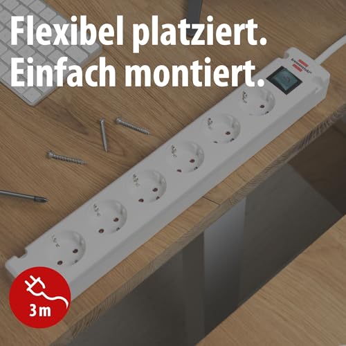 Brennenstuhl Bremounta Steckdosenleiste 6-Fach mit Schalter (Mehrfachsteckdose mit 90 Grad Steckdosen, Steckerleiste mit Befestigungsmöglichkeit und 3m Kabel) weiß