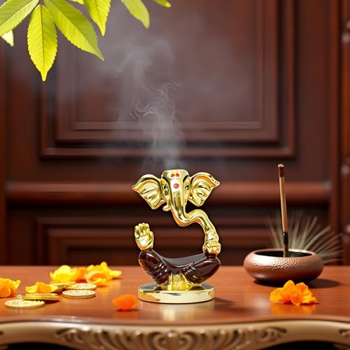 Image of Gold Plated Divine Ganesha | Brown & Gold Ganpati Idol for Car Dashboard, Office Desk & Home Temple | Prosperity & Protection|Travel-Friendly |Good Luck & Blessings| Height 1.9 Inch