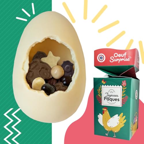 chocodic - Moulage chocolat PAQUES L'OEUF SURPRISE - chocolat de Pâques - Fabrication 100% artisanale et Française - chocolat lapin poule cloche poussin oeuf (Chocolat blanc)