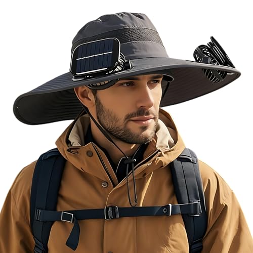 Image of Solar Powered Fan Sun Hat for Men, UPF 50+ Wide Brim Cooling Bucket Hat, Sombrero para El Sol Hombre for Fishing Hiking Beach