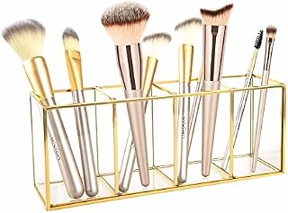 Feyarl 4 Compartments Gold Glass Makeup Brush Holder Pen Pencil Holder Transparent Office Supplies Holder Cosmetic Holder Beauty Display for Eyeliners Nail Polish Makeup Organizer