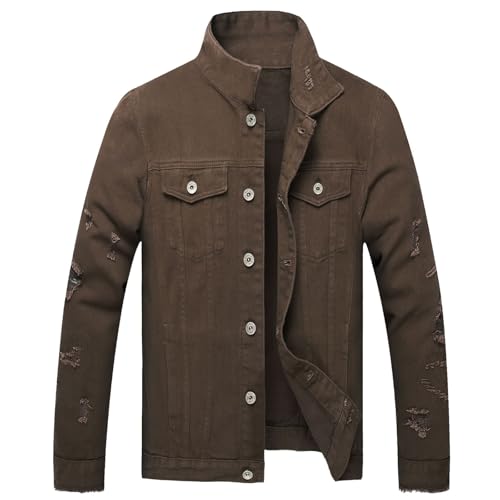 Image of LZLER Men's Denim Jackets Distressed Destroyed Classic Vintage Slim Fit Ripped Fashion Trendy Trucker Jean Jackets