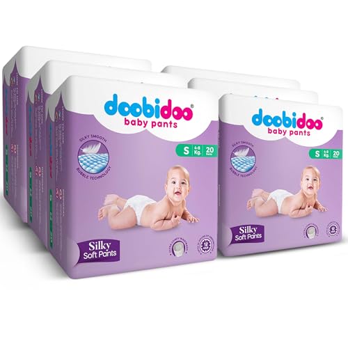 Image of Doobidoo Silky Soft Baby Pants Diapers - Small Size | All-Around Softness with Bubble Soft Topsheet | Rash-Free Comfort & Long-Lasting Absorbency (4-8 kg) - Pack of 6 | 120 Count