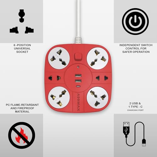 Image of ADDMAX Extension Board with USB | 6 Power Sockets, 2 USB Ports + 1 Type-C Port | 1.8M Heavy Duty Cord | 10A 220V Multi Plug Extension Cord | Fireproof Power Strip for Home, Office & Laptop - Red