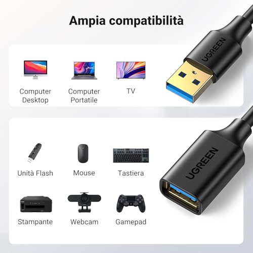 Cavo Prolunga USB 3.0 Placcato Oro Cable Maschio A Femmina A 5Gbps per Stampante, Mouse, Tastiera, Hub, Pendrive, Controller, Occhiali VR, Unità Esterna (1M) - Hub USB - Immagine 6