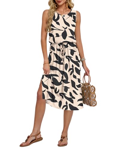 AUSELILY Sommerkleid Damen Ärmelloses Midi Strandkleid KordelzugKleid Schlitz leicht Luftiges Kleider Damen mit Taschen Schwarzes Blatt S