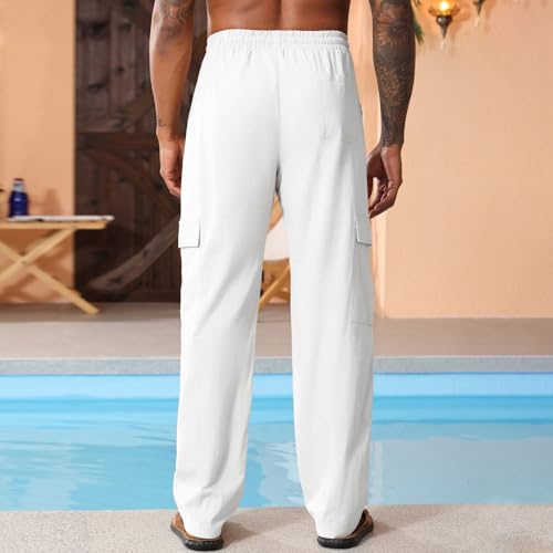 Men's Casual Linen Pants Summer Loose Fit Elastic Waist Drawstring Pants Lightweight Linen Cargo Trousers with Pockets4