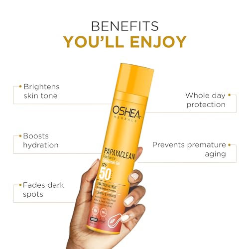 Image of Oshea Herbals Papayaclean Sunscreen Gel SPF 50 PA+++ for Women & Men | Hydrates & Protects from Sun & Pollution | Reduces Dark Spots & Premature Aging | Enriched with Niacinamide | All Skin Type 50ml