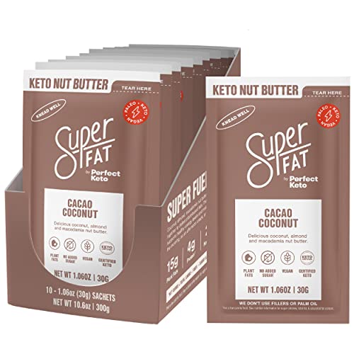 SuperFat Nut Butter Keto Snacks - Macadamia & Almond Nut Butter Fat Bomb Paleo Snack For Energy, Metabolism & Brain Function, Gluten Free, Low Net Carb Box of 10 x 1.0 oz (Cacao Coconut)