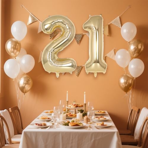Image of Champagne Gold Large Number 21 Balloon, 40 Inch Light Gold Foil Helium Number Balloons, Giant Mylar Number 21 Balloons for 21 Years Old Birthday Party Anniversary Decorations (Champagne Gold 21)