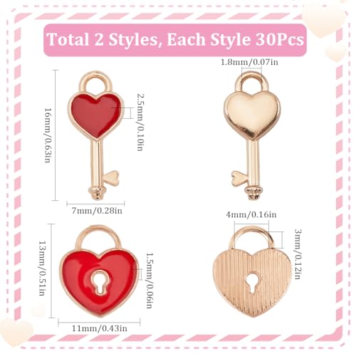 SUNNYCLUE 1 BOX 60Pcs Valentines Day Heart Charm Bulk Lock Charms Love Alloy Key Wedding Small Enamel Gold Red Lucky Mini Anniversary Charms for jewellery Making Charms Bracelet Crafting Beginner Adul - Image 2
