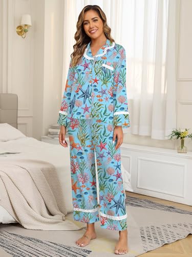 Image of Jusfitsu Women's Silk Satin Pajamas Long Sleeve Ruffle Button Down Pjs Sets