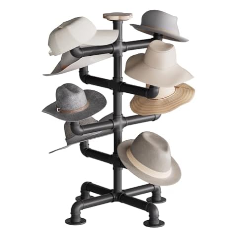 bimiti 4-Tier Industrial Hat Racks Metal Pipe Hat Display Stand with 8 Rustic Burnt Solid Wood Hats Caps Holders Hangers Free Standing Headwear Wig Rack Tabletop Cap Organizer for Hats or Wigs Cover