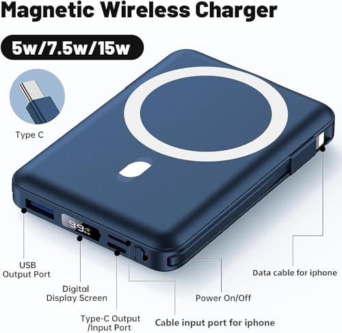 Yiisonger for Magsafe Battery Pack - 10000mAh Mag-safe Portable Charger 22.5W PD Fast Charging with Built-in Cables LED Display, Magnetic Wireless Power Bank for iPhone 16/15/14/13/12/Pro/Mini/Pro Max