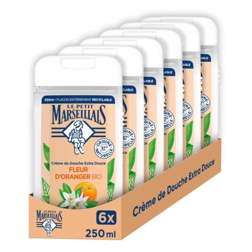 Le Petit Marseillais – Crème de Douche Extra Douce Fleur d'Oranger Bio (lot de 6 flacons de 250 ml) – Gel douche avec 92 % d'ingrédients d'origine naturelle – Flacon entièrement recyclable