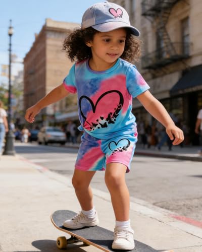 Image of Kids Girl Clothes Tie Dye Heart Print Short Sleeve Top and Shorts Toddler Girl Summer Outfits Short Set