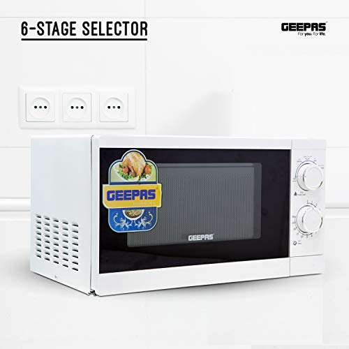 Geepas GMO1894 20L Microwave Oven | 1100W Solo Microwave with 6 Power Levels and a Timer | Cooking Power Control with 2 Rotary Dials & Defrost Settings | White