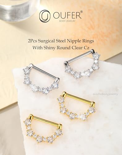 OUFER 2PCS 14G Nipple Rings, 316l Surgical Steel Nipple Piercing Jewelry, Round Clear CZ Nipple Barbells, Clicker Nipple Rings For Women- Silver/Gold2
