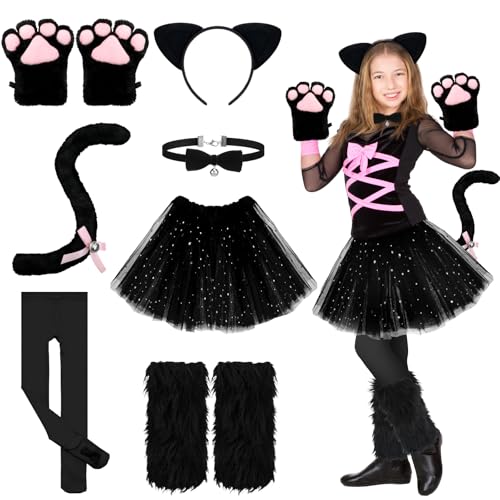 Haull 8-Piece Halloween Kitten Cat Costume Accessories Set for Girls Black and Pink