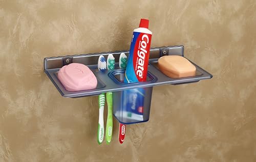 Image of HAPPI Unbreakable ABS Plastic 4 in 1 Soap Dish Holder Glass Tumbler and Tooth Brush Holders, Soap Stand, Soap Case, Soap Holder Stand Wall Mounted for Bathroom (Blue)