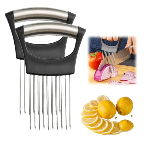 Stainless Steel Onion Slice Holder, New Onion Holder for Slicing, Lemon Slicer Vegetable Cutter, Chopper Slicing Assistant Tool for Potato, Tomato, Meat, Home Kitchen Tools (2 Pack)