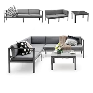 Lounge Set für 5-6 Personen, Gartenmöbel Set mit L-förmigem Gartensofa & Kaffeetisch, Terrasse Sitzgruppe aus Aluminium inkl. Sitzkissen, Patio Lounge Gartenloungefür Indoor & Outdoor