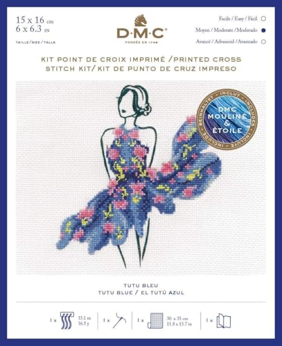 DMC - Kit point de croix Tutu bleu | Kit complet : Toile, Fil à broder, aiguille et insctructions complètes | Niveau intermédiaire