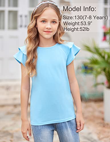 Image of Girls T Shirts Ruffle Short Sleeve Round Neck Loose Blouse Summer Solid Color Casual Girl Tee Tops for 3-12 Years