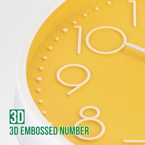 Image of Wall Clock Non-Ticking Silent Modern Simple Style Round Decor Clock Stereoscopic Dial Quartz Wall Clocks for Home /Office /School /Living Room /Bedroom /Kitchen (Yellow, 8inch)
