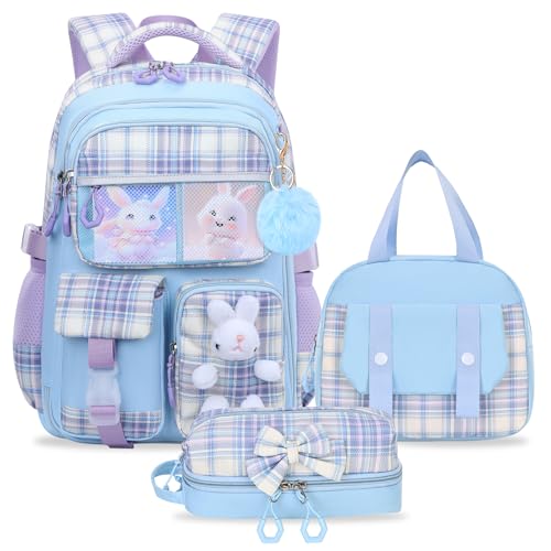 NSEQB Girls Backpack Set With Lunch Bag and Multi-Compartment Pencil Case,Cute Girls School Backpack For Kids,Childrens Schoolbag For kindergarten Elementary Primary（Blue-3PCS）