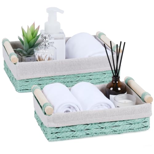 Wicker Storage Basket with Wooden Handle – Paper Rope Decorative Toilet Paper Baskets & Bathroom Organizer for Toilet Tank Top, Shelves, Bedroom, Countertop,Home,Office Storage Bins, 2 Pack,Mint Green
